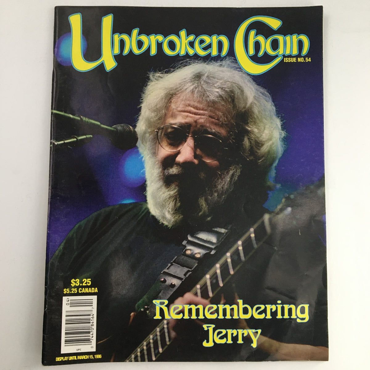 Cover of Unbroken Chain Magazine #54 from 1996 featuring a photo of Jerry Garcia, with the title 'Remembering Jerry' prominently displayed.