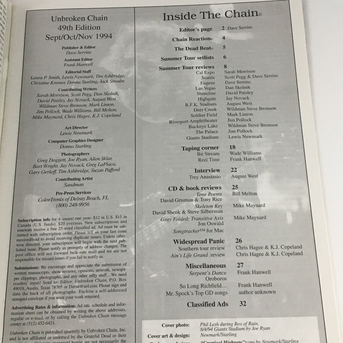 Inside contents page of Unbroken Chain Magazine #49 September-November 1994 featuring articles and insights about Phil Lesh during Box of Rain, including editor's notes and summer tour details.