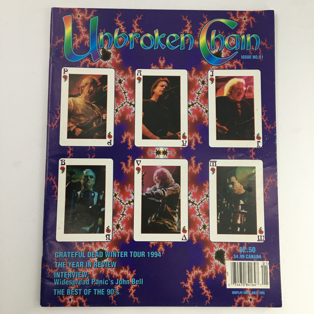 Cover of Unbroken Chain Magazine #51 from April to June 1995 featuring Phil Lesh, Bob Weir, and Jerry Garcia, showcasing photographs of band members styled as playing cards with vibrant graphics.
