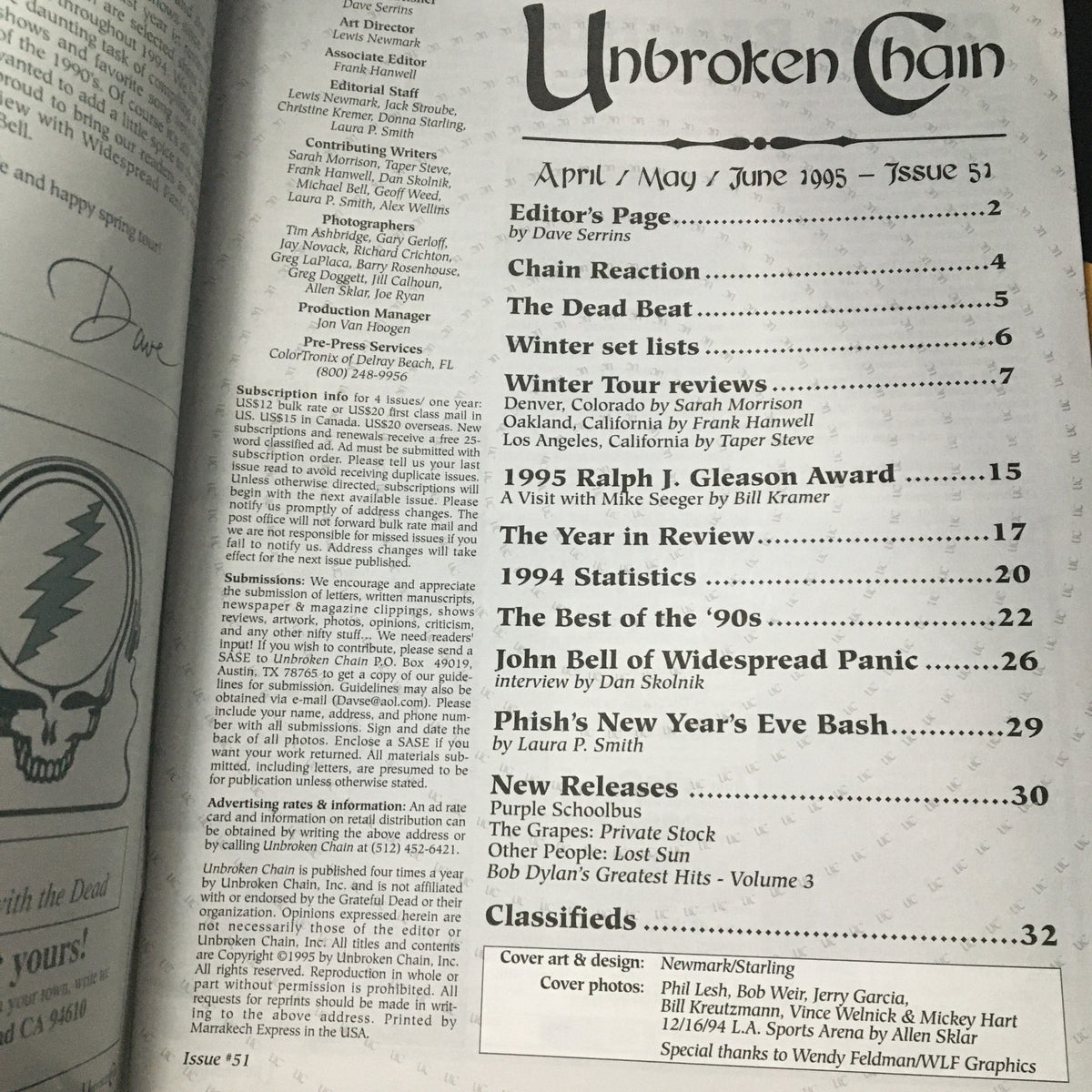 Interior page of Unbroken Chain Magazine #51, April to June 1995, detailing the table of contents including articles and interviews about the Grateful Dead and related topics.