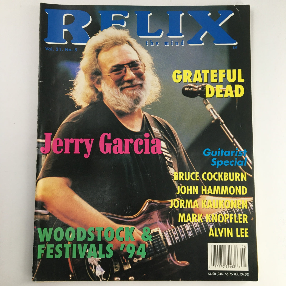Cover of Relix Magazine October 1994 Volume 21 No. 5 featuring Jerry Garcia of the Grateful Dead, highlighting musicians Bruce Cockburn and Alvin Lee.