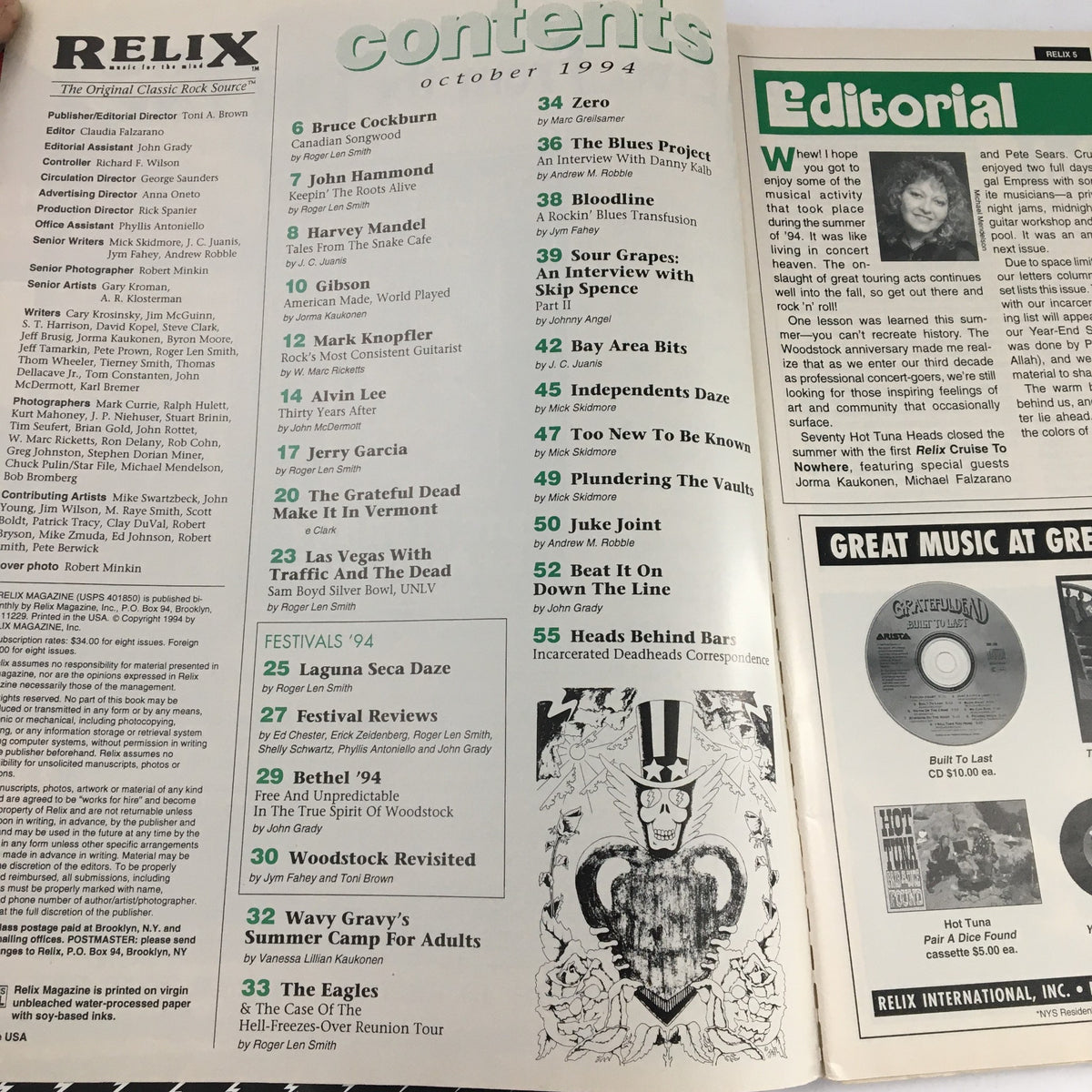 Contents page of Relix Magazine October 1994 Volume 21 No. 5 showcasing articles about Jerry Garcia, Bruce Cockburn, and music festivals.