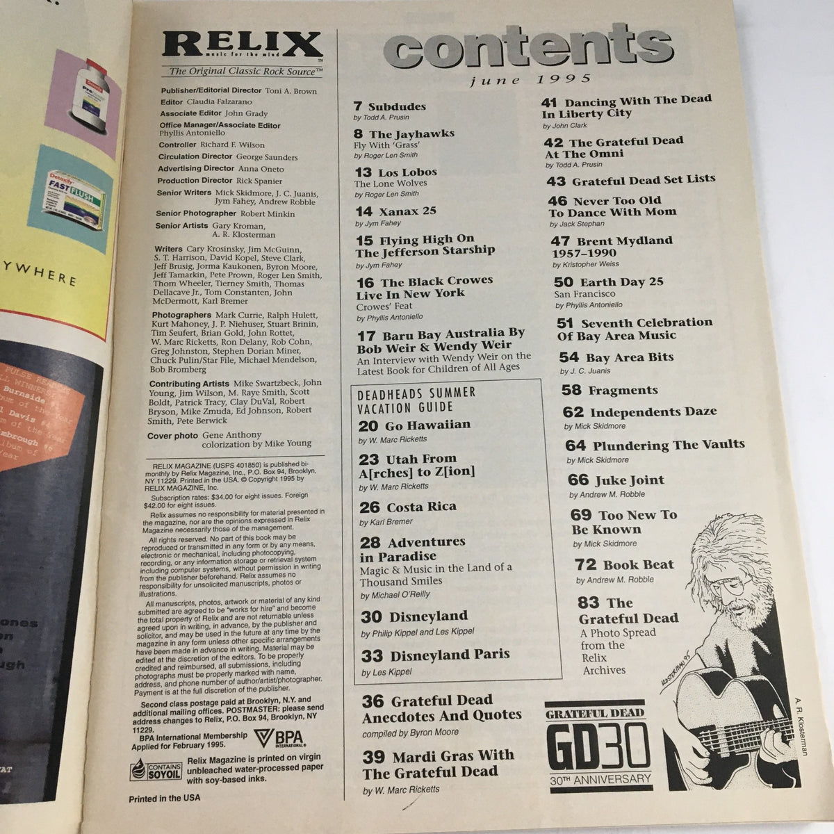 Contents page of Relix Magazine June 1995 Vol 22 #3, listing articles about Jefferson Starship, Los Lobos, and various features related to the rock music scene.