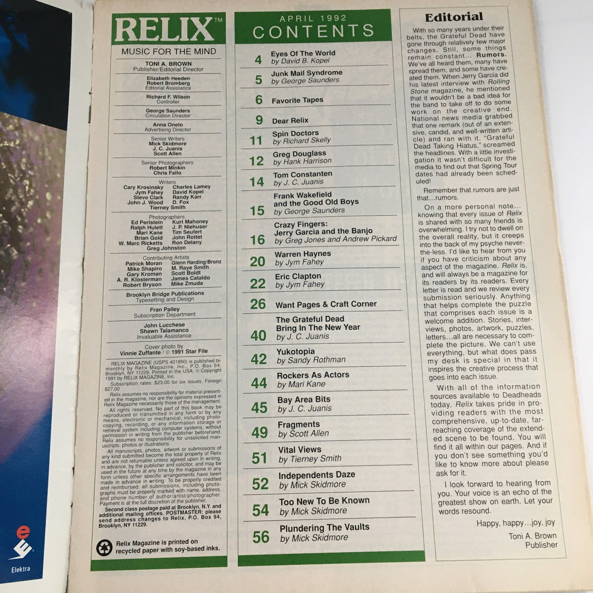Contents page of Relix Magazine, April 1992, Vol 19 #2 featuring Eric Clapton, Jerry Garcia, and Warren Haynes. Highlights various articles and editorial notes, showcasing the vibrant music scene of the 1990s.