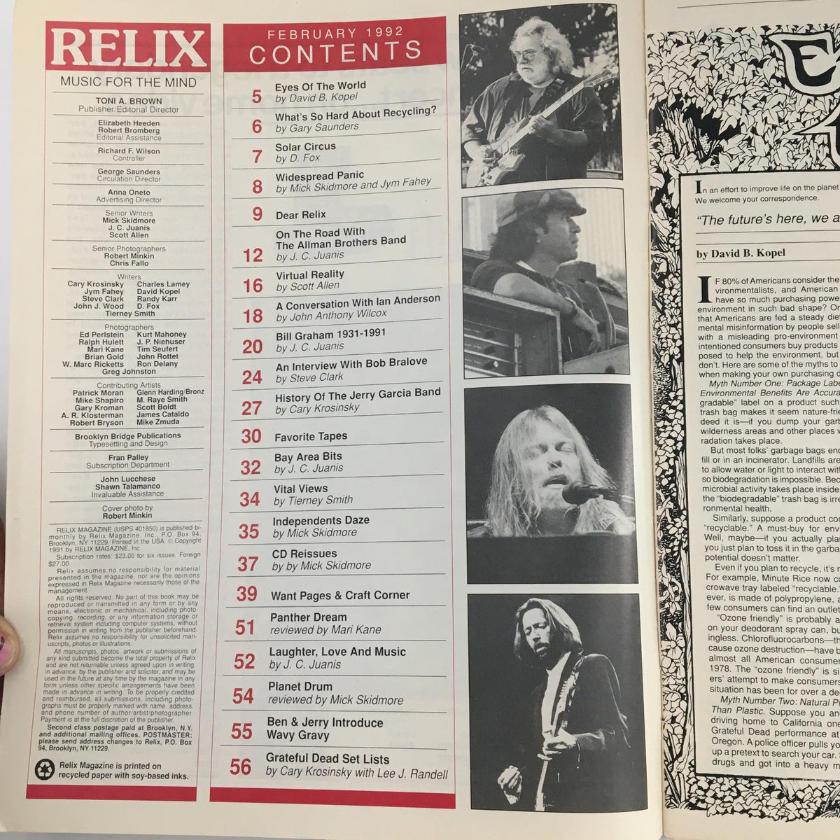 Table of contents from Relix Magazine February 1992 Vol 19 #1, featuring articles on the Jerry Garcia Band, Allman Brothers Band, and various reviews, encapsulating the music landscape of the early 90s.