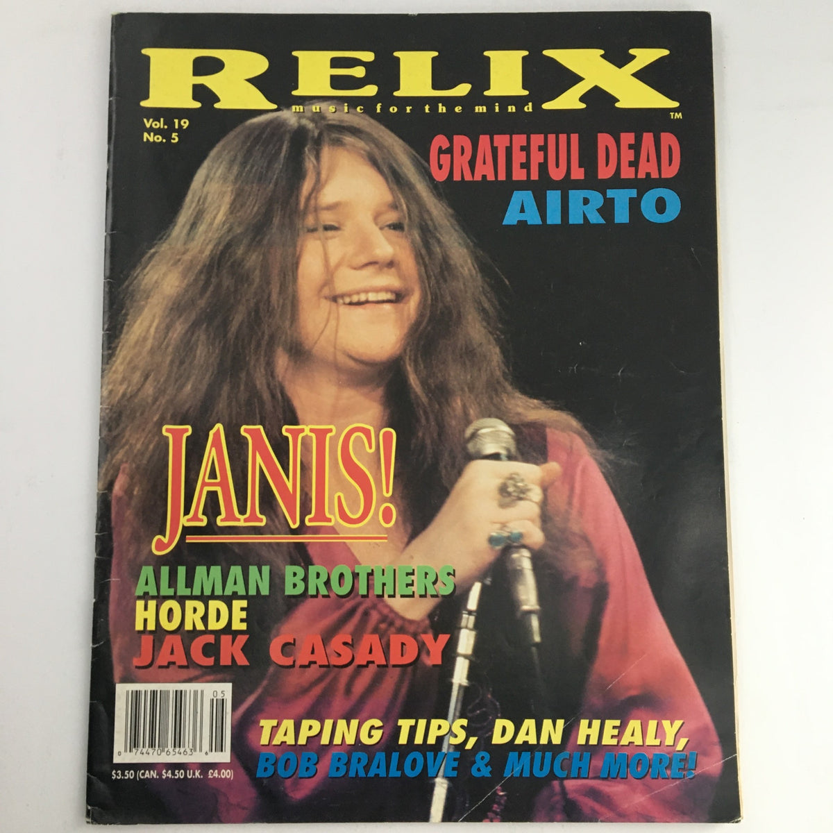 Cover of Relix Magazine October 1992 Vol 19 #5 featuring Janis Joplin, the Allman Brothers, and Jack Casady, highlighting vibrant colors and iconic music culture.