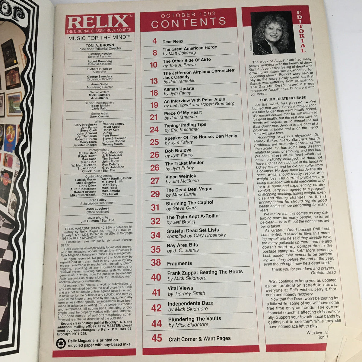 Contents page of Relix Magazine October 1992 Vol 19 #5 listing articles, featuring editorial highlights and significant topics in music.