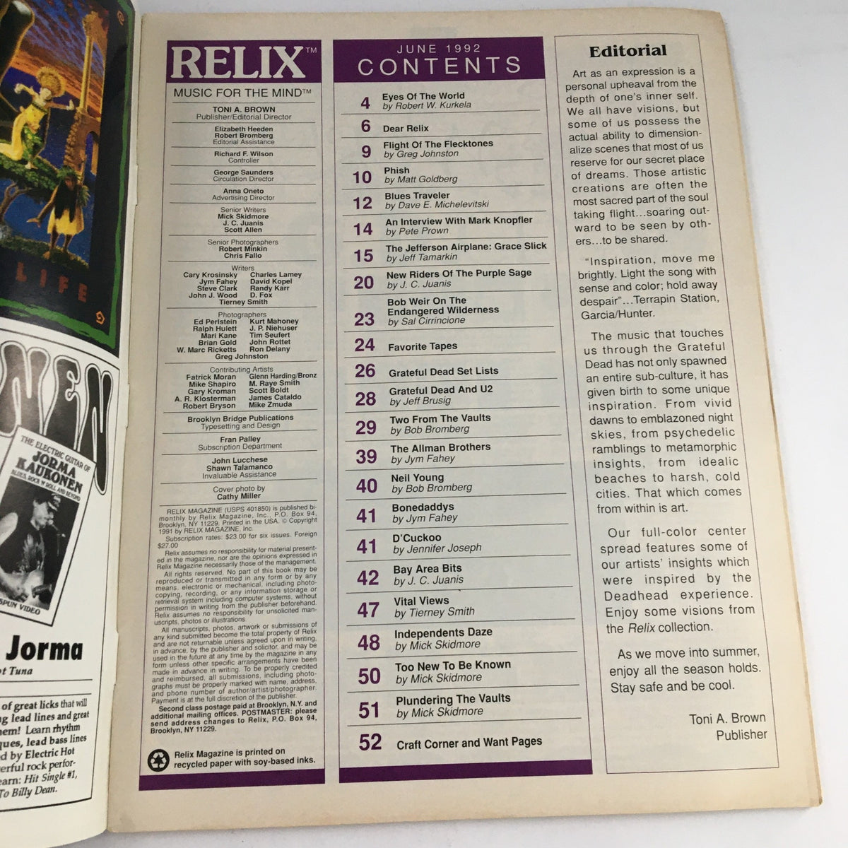 Relix Magazine June 1992 Contents Page showcasing articles and topics featuring Bob Weir, Grace Slick, and The Allman Brothers.