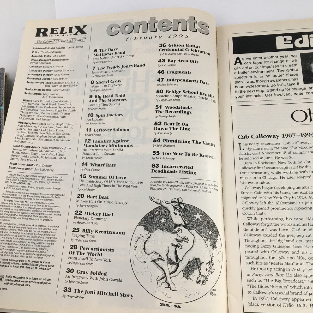 Contents page of Relix Magazine February 1995 Vol 22 #1, listing articles including features on Mickey Hart, Bill Kreutzmann, and Joni Mitchell.