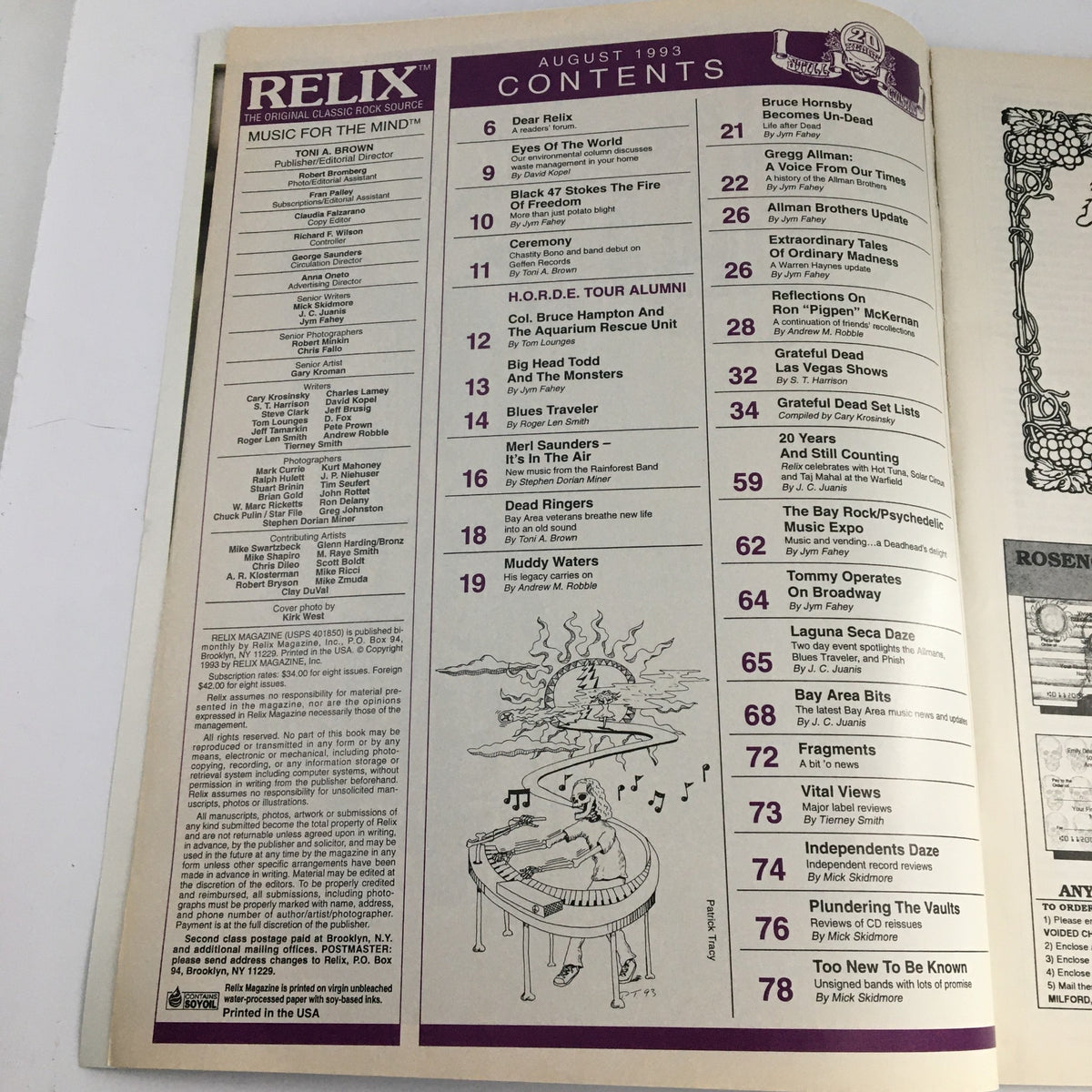 Contents page of Relix Magazine August 1993 Vol 20 #4, featuring articles on The Allman Brothers Band, Grateful Dead, and various music topics.