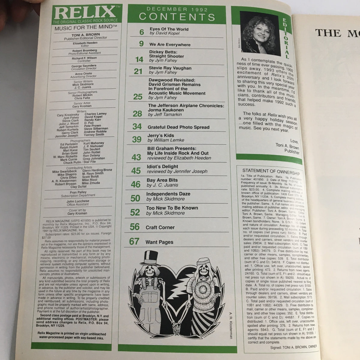 Relix Magazine December 1992 Volume 19 Issue 6 featuring Grateful Dead and Stevie Ray Vaughan, showcasing the contents list including articles and editorial, in very good condition.