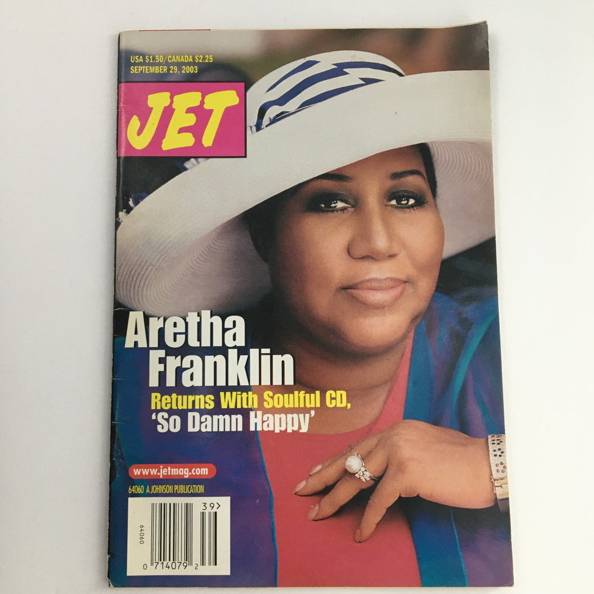 Cover of Jet Magazine from September 29, 2003 featuring Aretha Franklin. The title highlights her return with the soulful CD 'So Damn Happy'. The magazine is in Very Good condition.