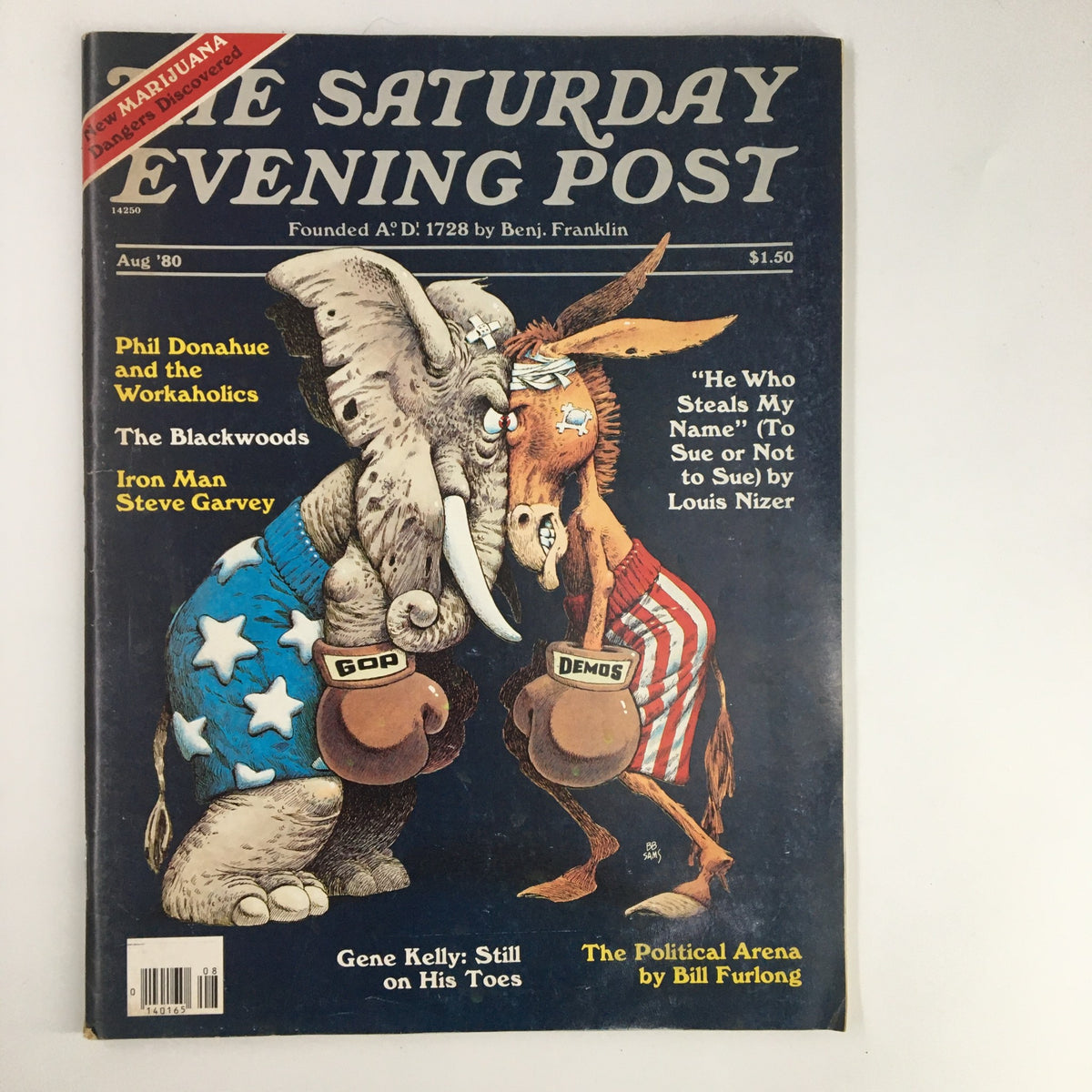 Cover of The Saturday Evening Post August 1980 featuring Phil Donahue, workaholics, and a political illustration with an elephant and donkey. Highlights the cultural themes of the early 1980s.