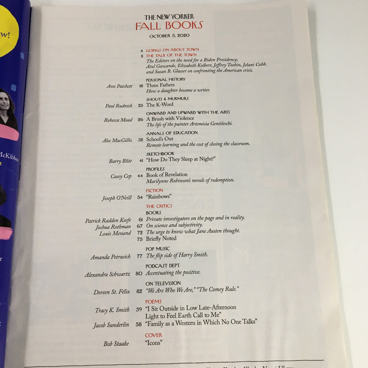 The New Yorker Magazine October 5 2020 Icons by Bob Staake, featuring a page of Fall Books with a list of articles and authors, highlighting contemporary literature and cultural insights.
