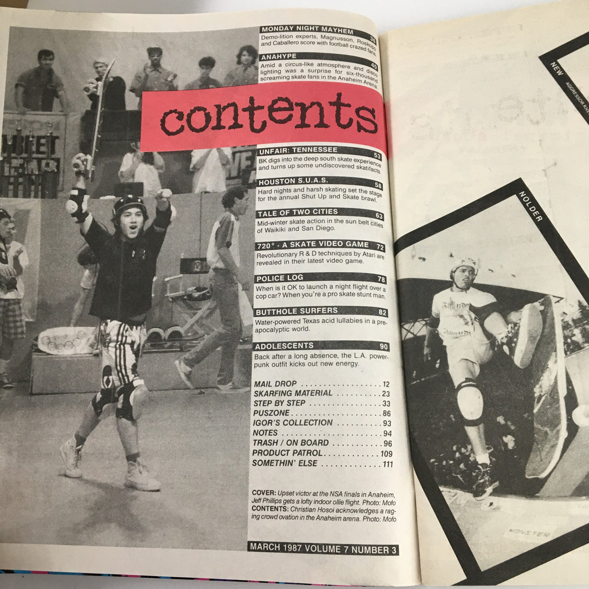Inside page of VTG Thrasher Magazine March 1987 showing the contents section, including features on skateboarding culture and events.