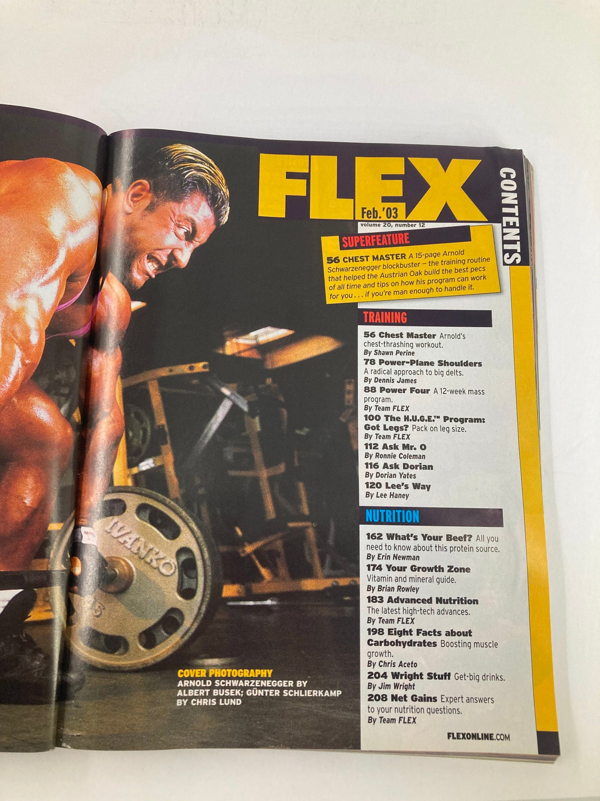 Contents page of Flex Magazine February 2003 Vol 20 #12, detailing various bodybuilding topics including training and nutrition, with a focus on Arnold Schwarzenegger.
