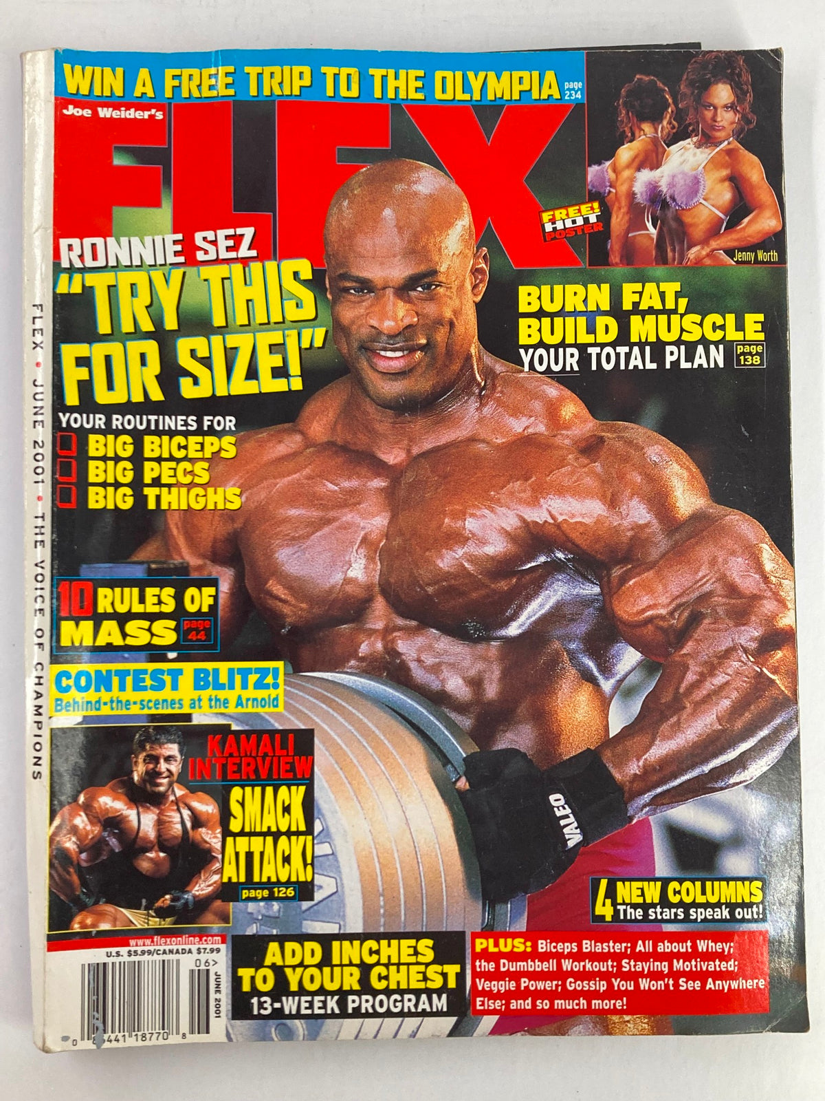 Flex Magazine June 2001 Vol 19 #4 cover featuring Ronnie Coleman showcasing bodybuilding prowess with the tagline 'Try This for Size' and an invitation to win a trip to the Olympia.