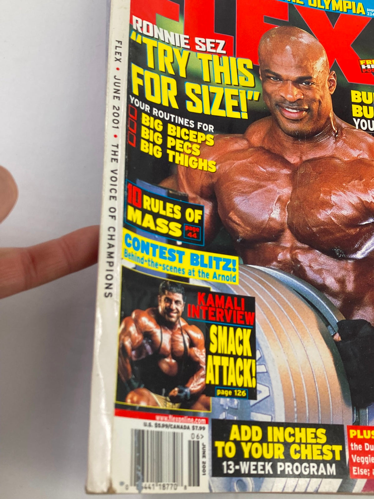 Close-up of the cover of Flex Magazine June 2001 Vol 19 #4, highlighting Ronnie Coleman and promotional features like the Kamali interview and contest details.