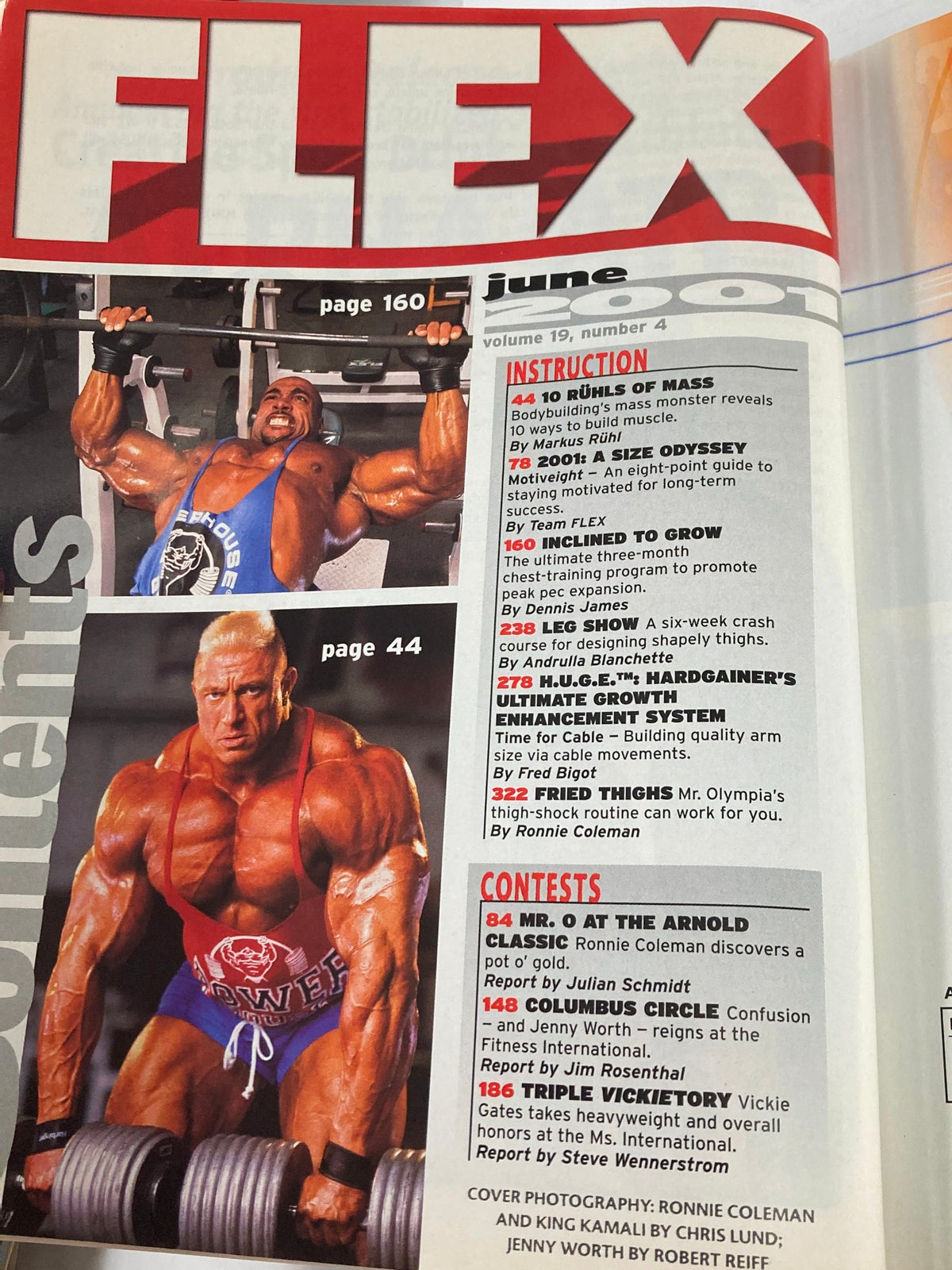 Contents page of Flex Magazine June 2001 Vol 19 #4 showcasing articles and features including instructions on bodybuilding techniques with images of Ronnie Coleman.