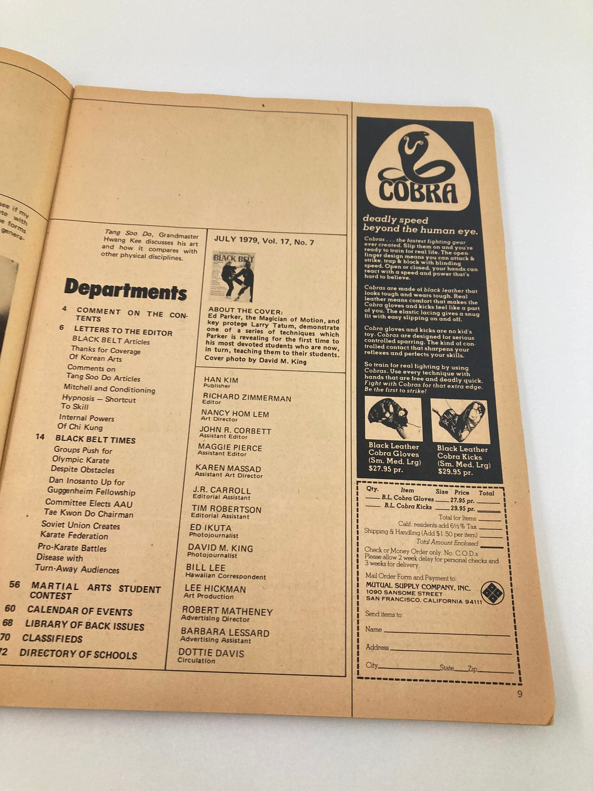 Interior page from Vintage Black Belt Magazine July 1979, Vol 17 #7 featuring the contents and departments including articles by Ed Parker and Larry Tatum. This collectible magazine focuses on martial arts techniques and culture.