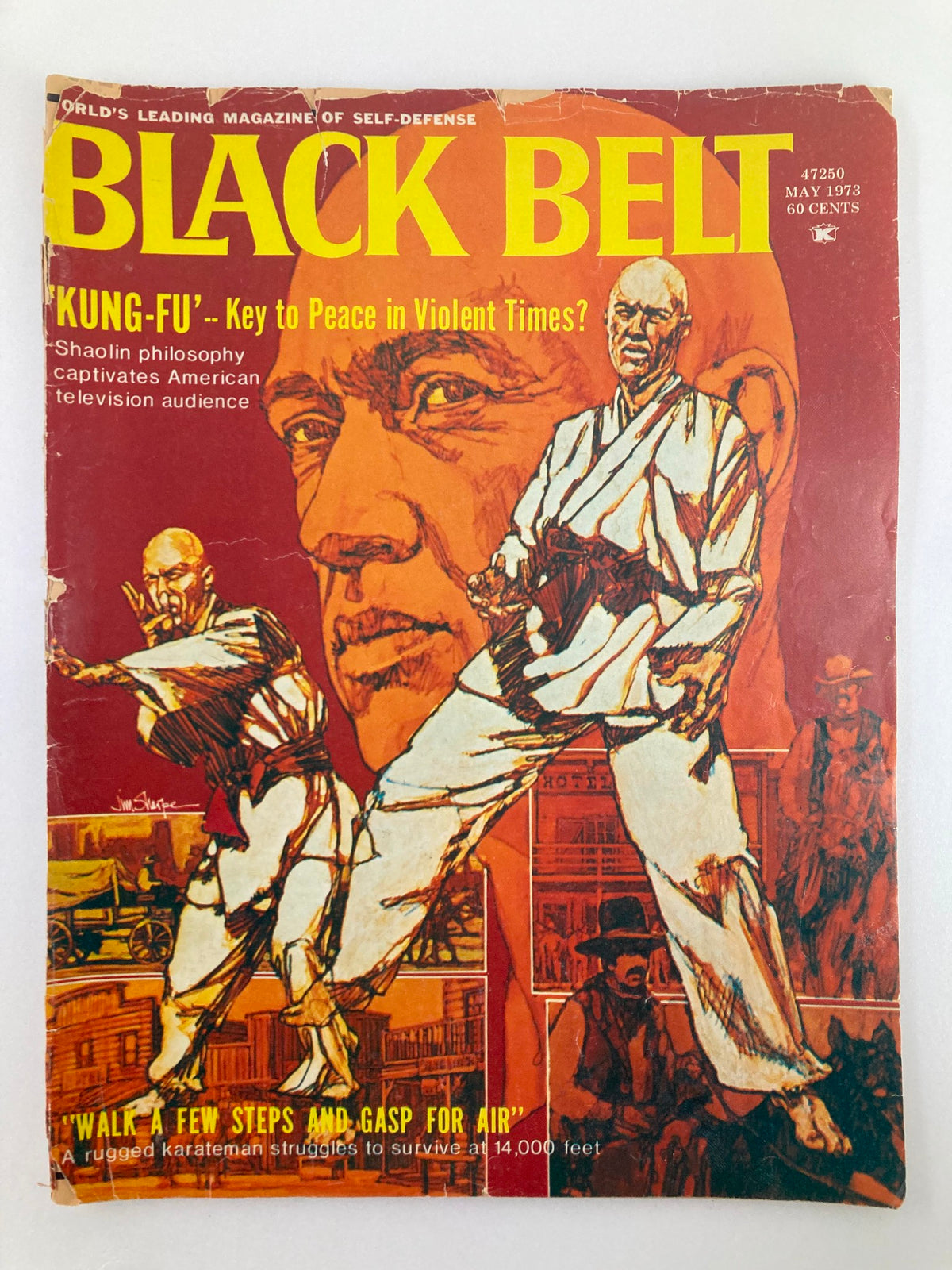 Cover of the VTG Black Belt Magazine from May 1973 titled 'Walk A Few Steps and Gasp For Air', featuring an illustration highlighting martial arts themes and the Shaolin philosophy with the text 'Kung-Fu - Key to Peace in Violent Times?'.