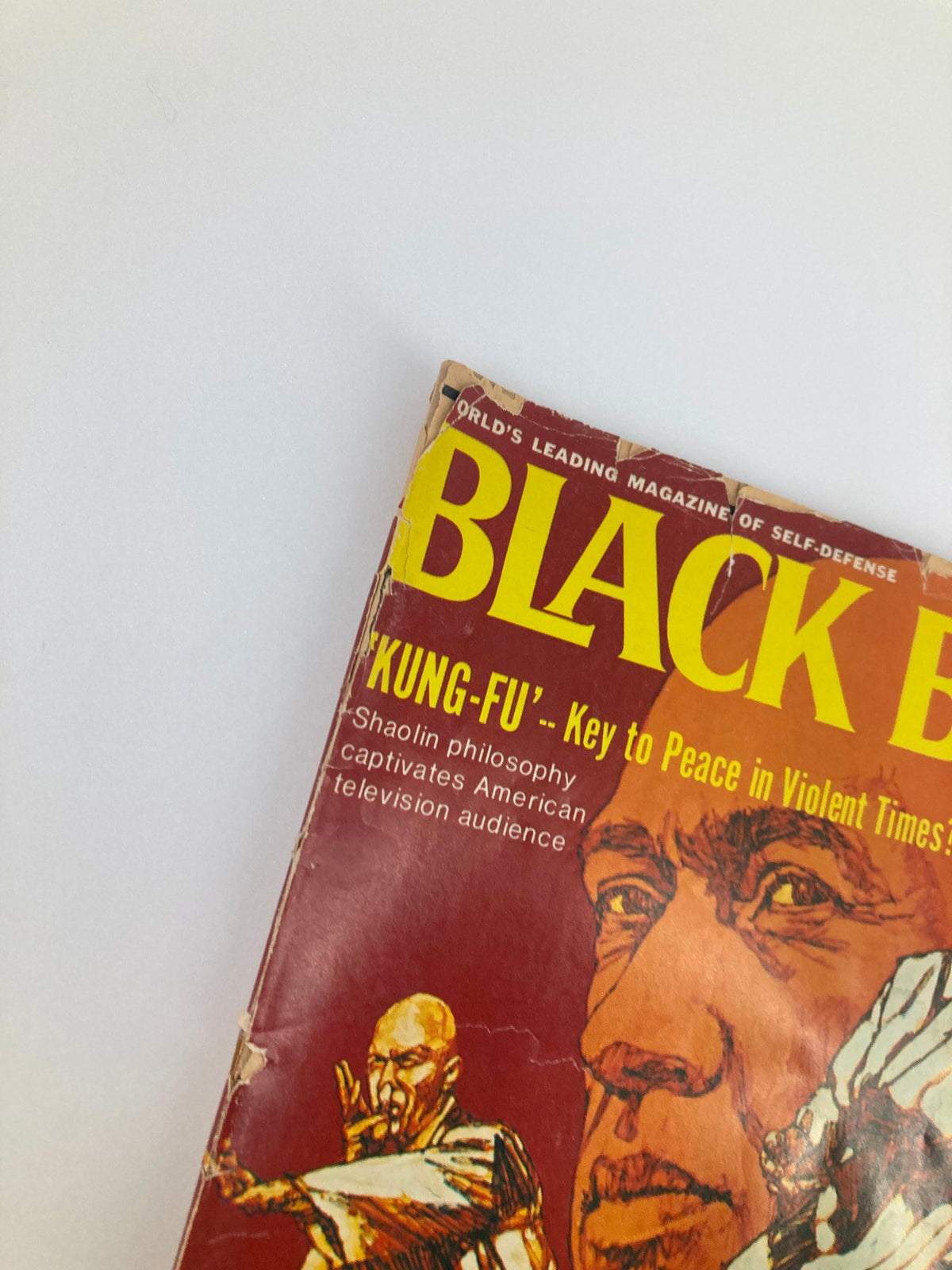 Close-up of the cover of the VTG Black Belt Magazine May 1973, showcasing the title 'Walk A Few Steps and Gasp For Air' and a striking illustration related to martial arts philosophy.