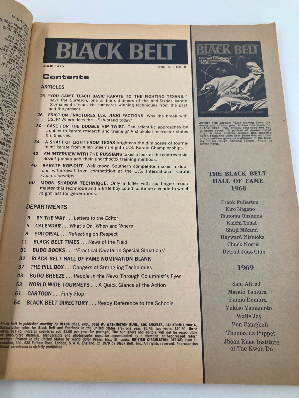 Inside page of VTG Black Belt Magazine June 1970 Vol 8 #6 displaying the contents and articles, reflecting the trends and techniques in martial arts from the 1970s.