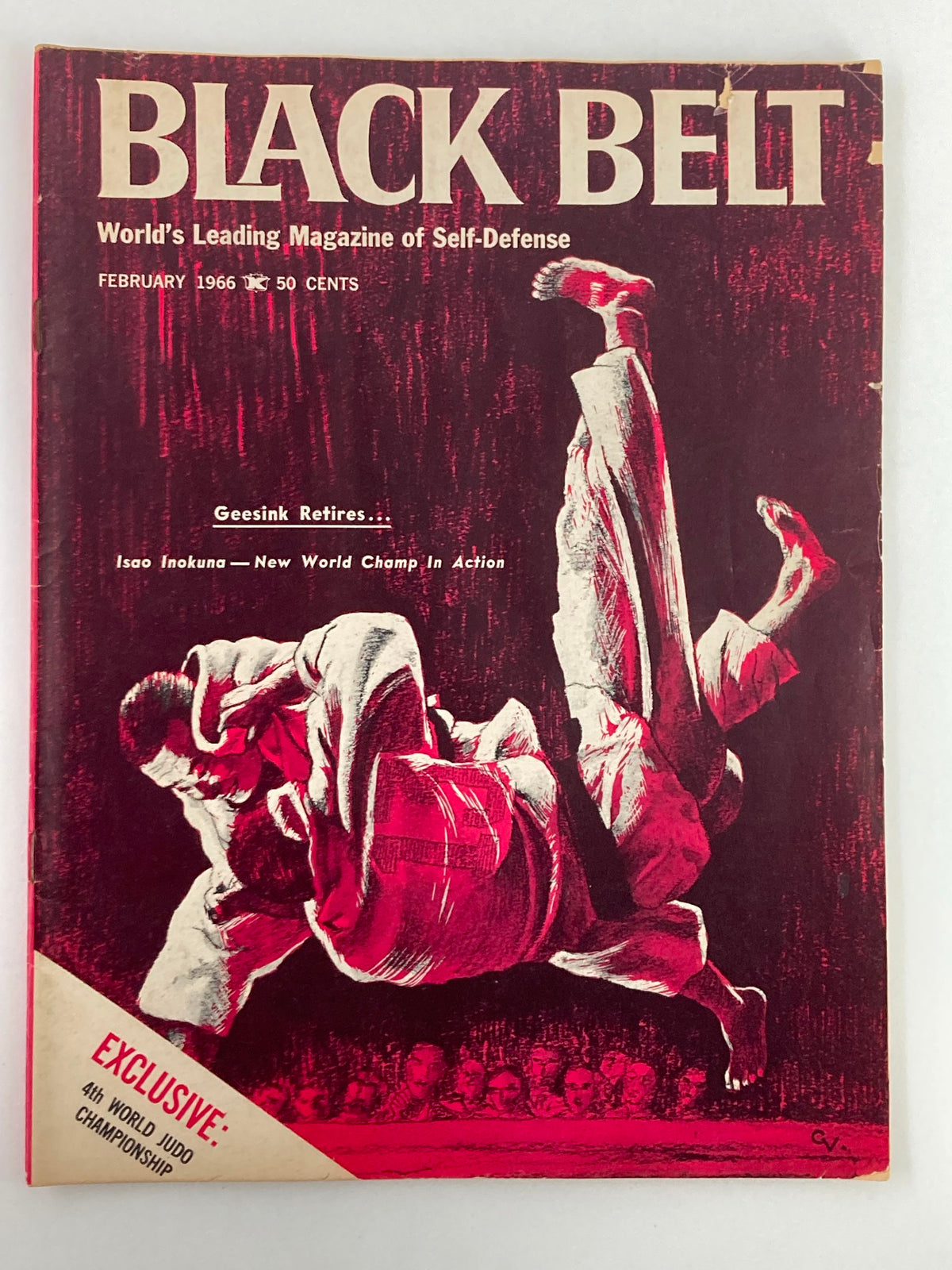 Cover of VTG Black Belt Magazine February 1966 Vol 4 #2 featuring a striking martial arts scene with Rodolfo Peres. Includes text about self-defense and the World Judo Championships.
