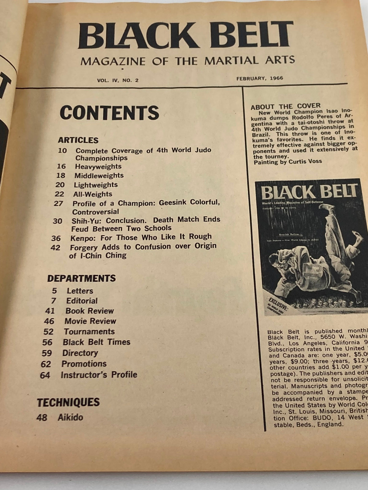 Contents page of VTG Black Belt Magazine February 1966 Vol 4 #2 outlining featured articles on judo championships, weight classes, and martial arts techniques.