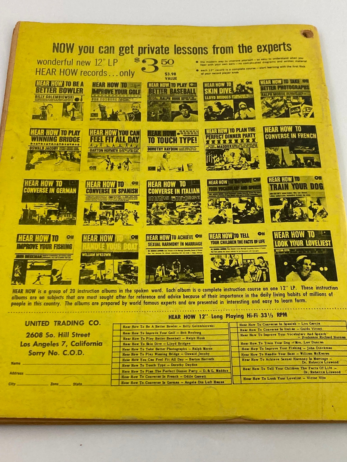 Back cover of VTG Black Belt Magazine February 1963 featuring an advertisement for various instructional audio records, showcasing the era's promotional style.