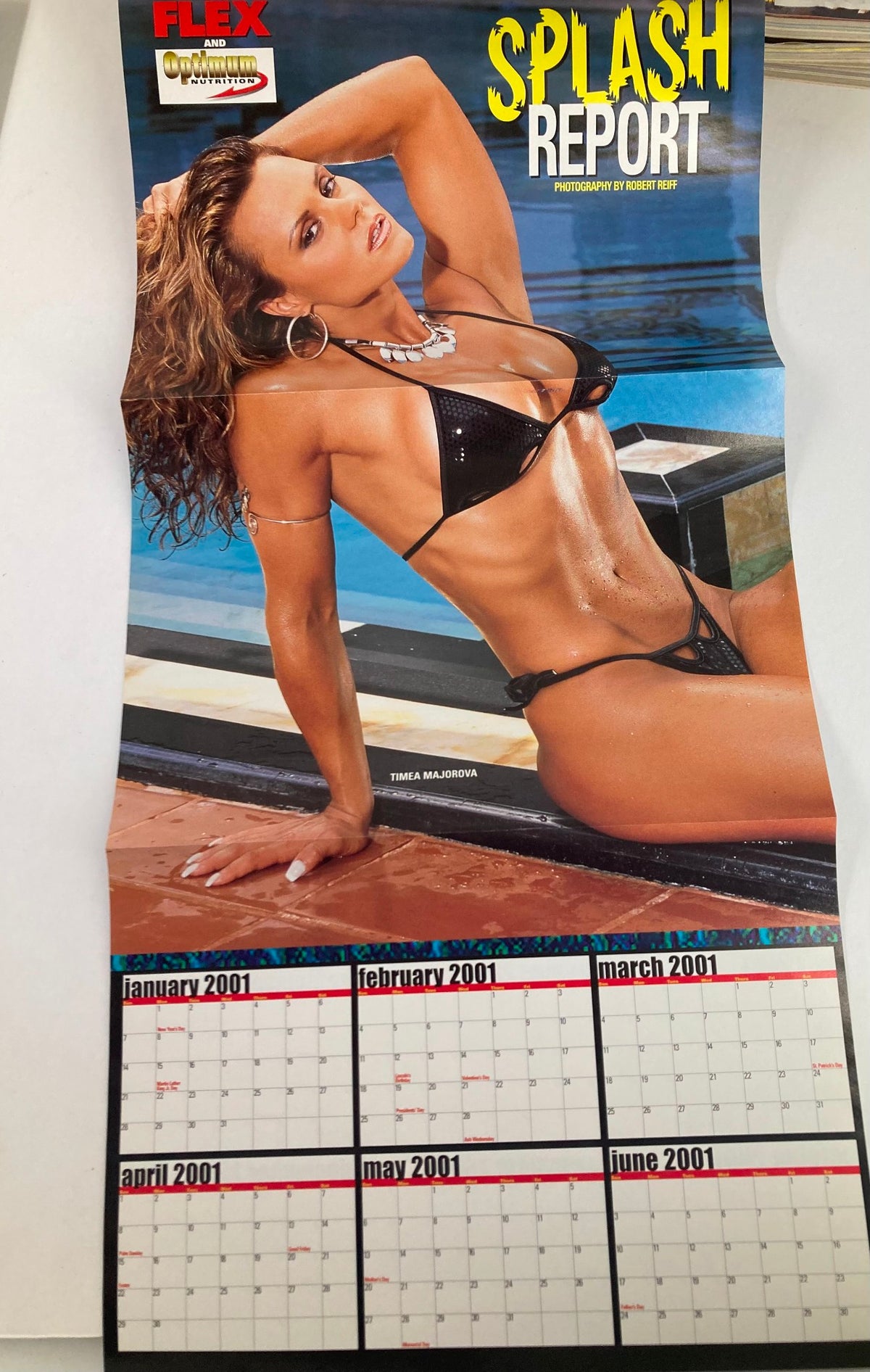Flex Magazine March 2001 Vol 19 #1 poster featuring Monica Brant in a stylish swimsuit, showcasing fitness culture and aesthetics of early 2000s bodybuilding. Ideal for collectors and fitness enthusiasts.