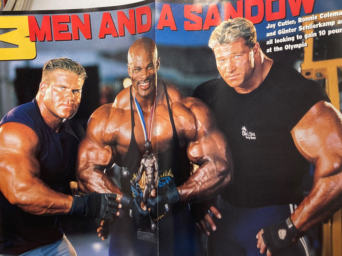 Dynamic poster spread from the Flex Magazine November 2003, showcasing bodybuilding legends Jay Cutler, Ronnie Coleman, and Gunter Schlierkamp posing with impressive muscle definition at the Olympia.