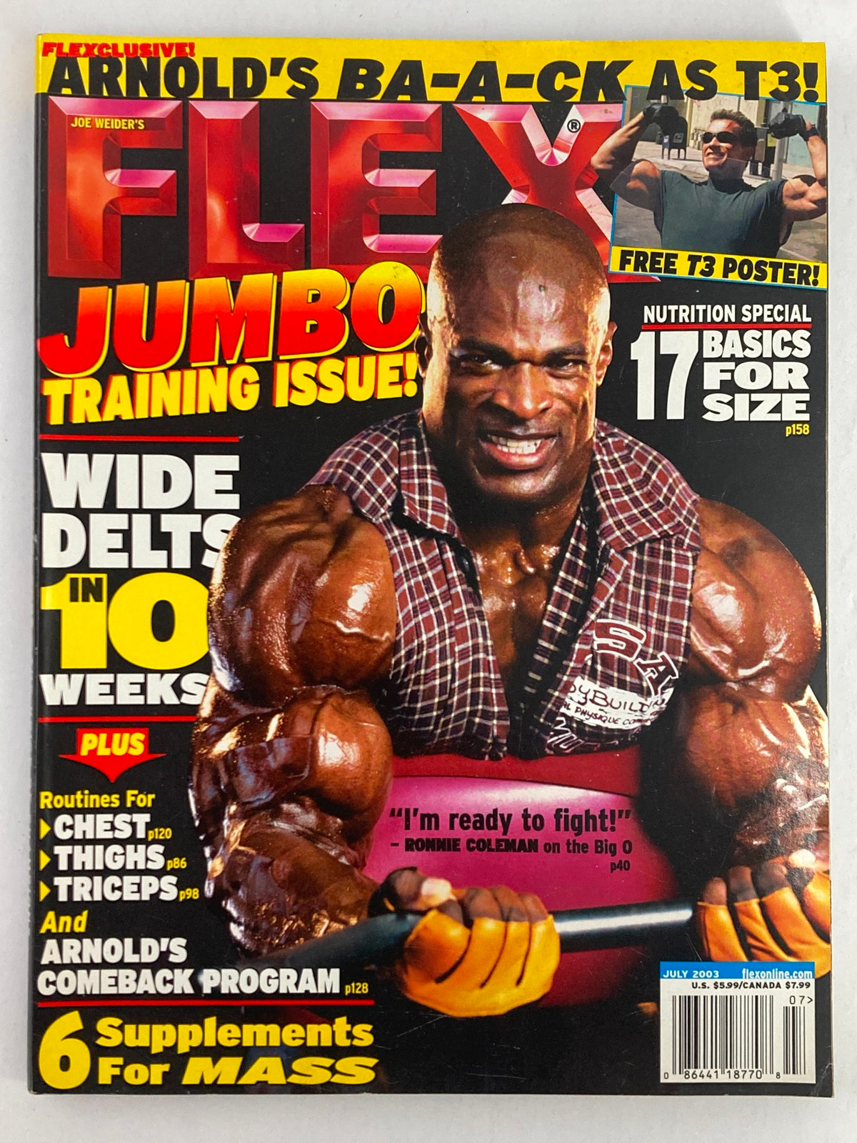 Cover of Flex Magazine July 2003, Vol 21 #5 featuring Ronnie Coleman, showcasing bodybuilding content, nutrition tips, and training routines. Includes a promotional poster offer.