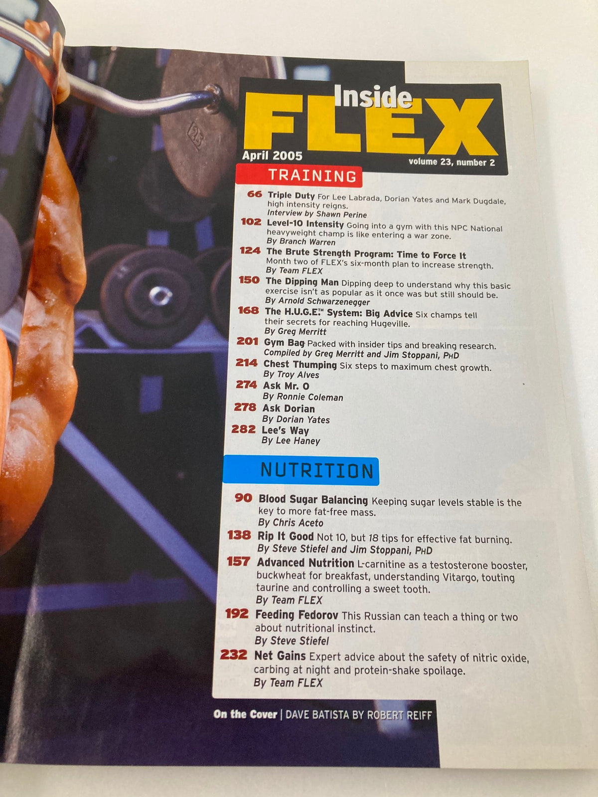Table of contents from Flex Magazine April 2005 Vol 23 #2, including sections on training and nutrition related to fitness, with the cover featured WWE Superstar Dave Batista.