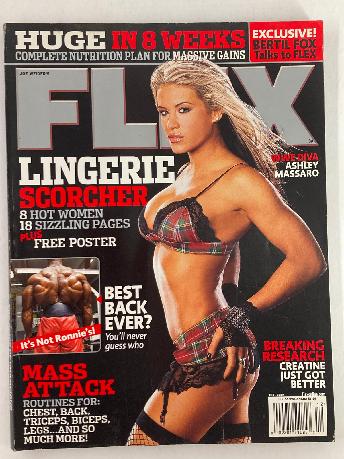 Flex Magazine December 2005 featuring WWE Diva Ashley Massaro on the cover, showcasing her as a lingerie model in a striking outfit.