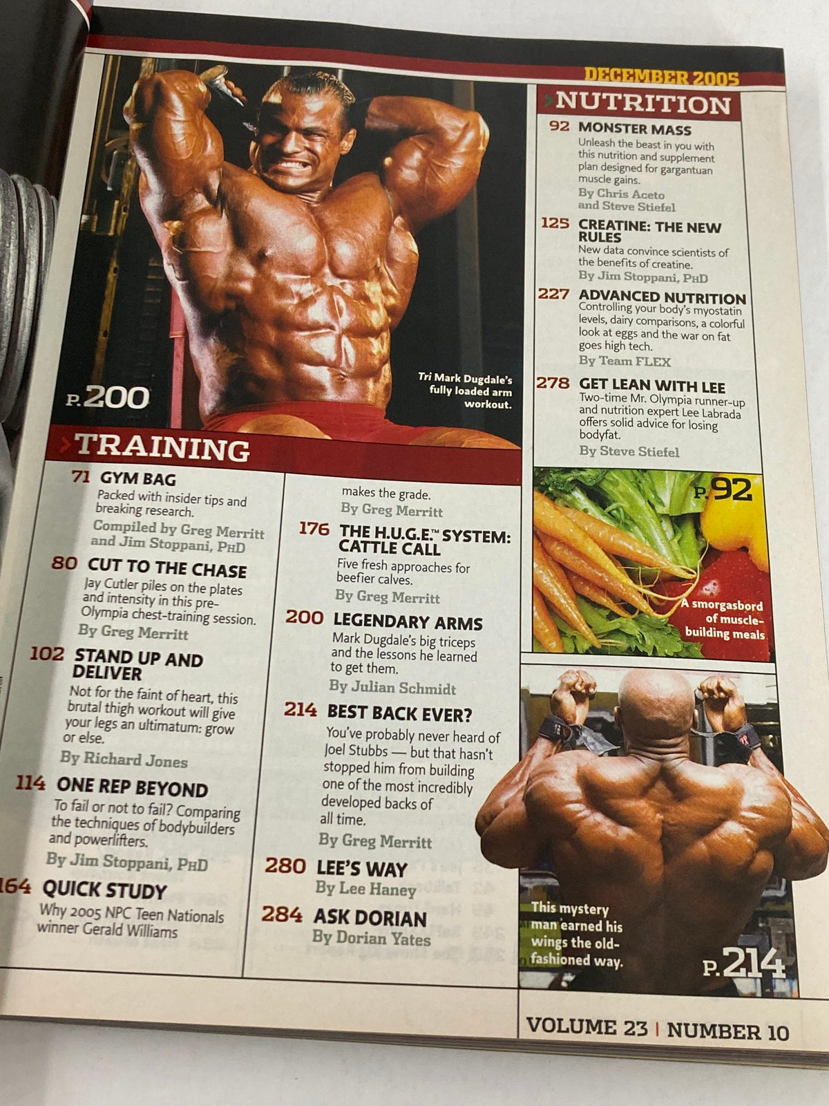 Interior page from Flex Magazine December 2005, highlighting a training section with bodybuilding content and a muscular athlete.