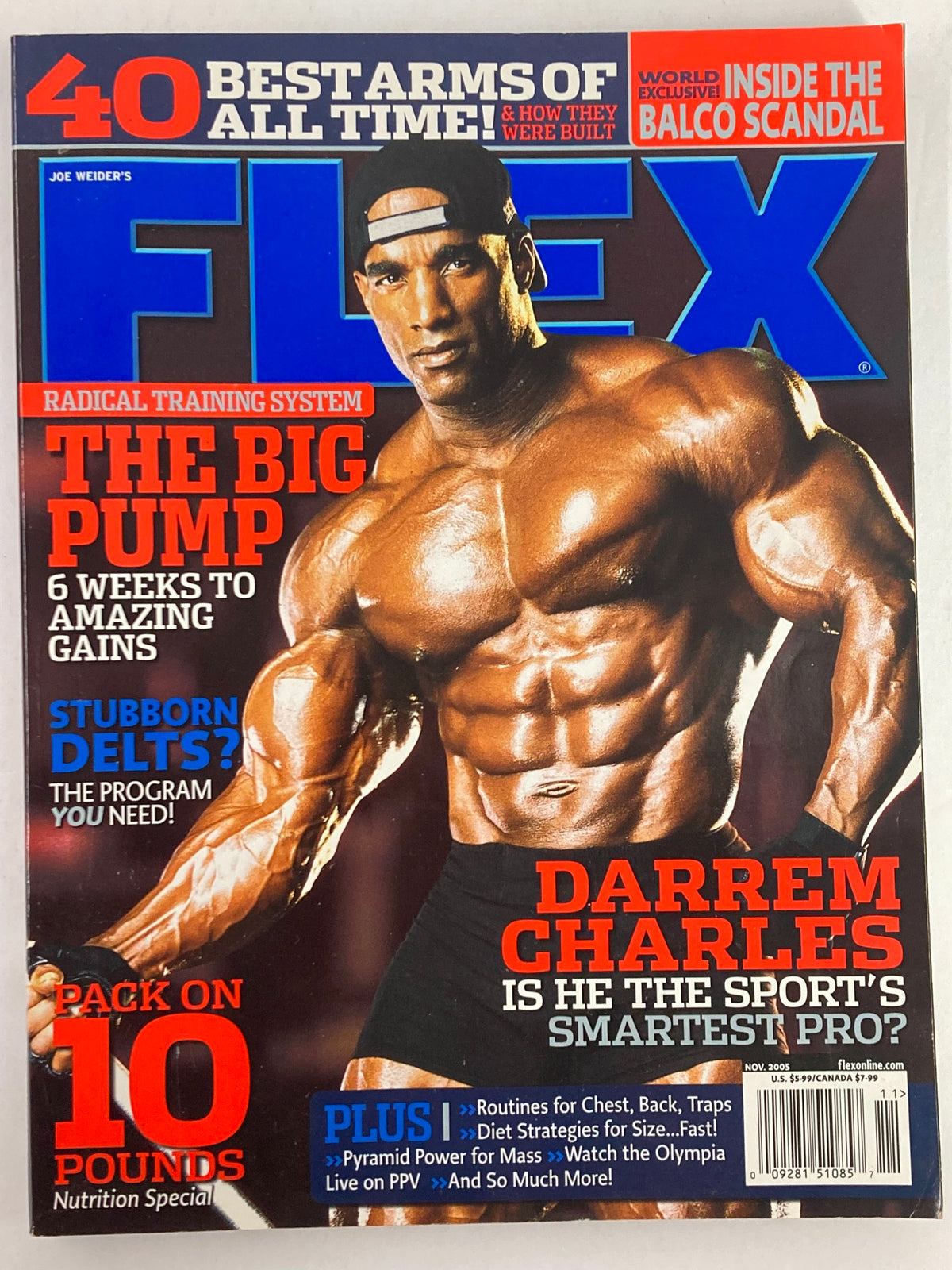 Cover of Flex Magazine November 2005 featuring Darrem Charles showcasing a muscular physique with the title text, '40 Best Arms of All Time! How They Were Built.' The magazine highlights bodybuilding culture.