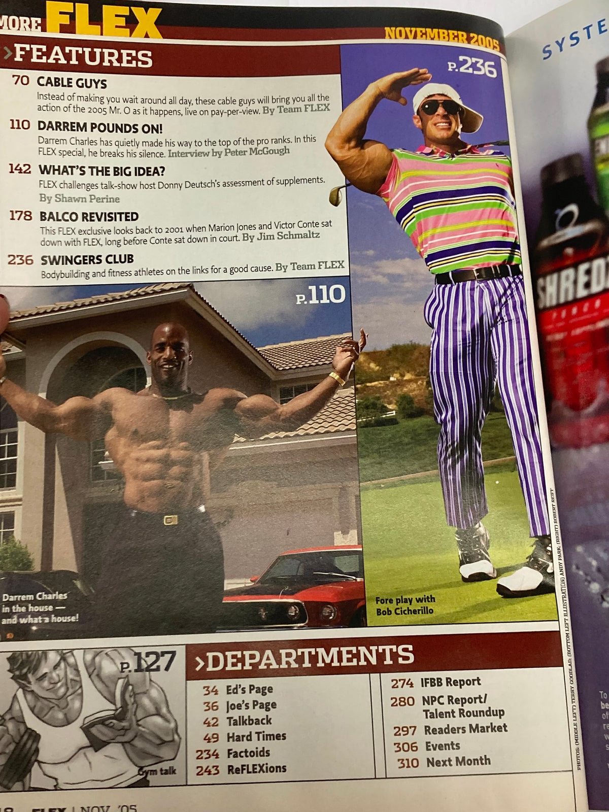 Inside page of Flex Magazine November 2005 with features on Darrem Charles and Bob Cicherillo. The layout includes details on fitness routines and articles related to bodybuilding.