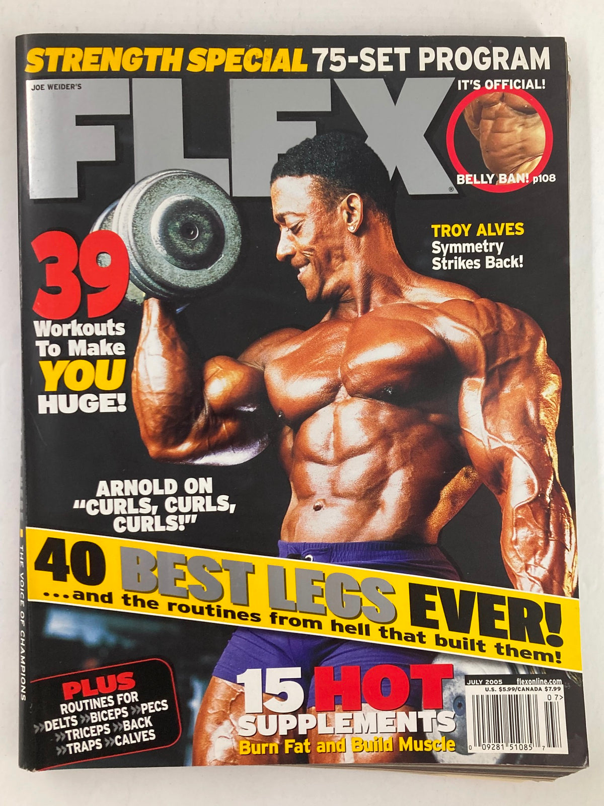 Flex Magazine July 2005, Vol 23 #5 featuring Troy Alves showcasing muscular physique and workout tips, highlighting bodybuilding trends of the mid-2000s.