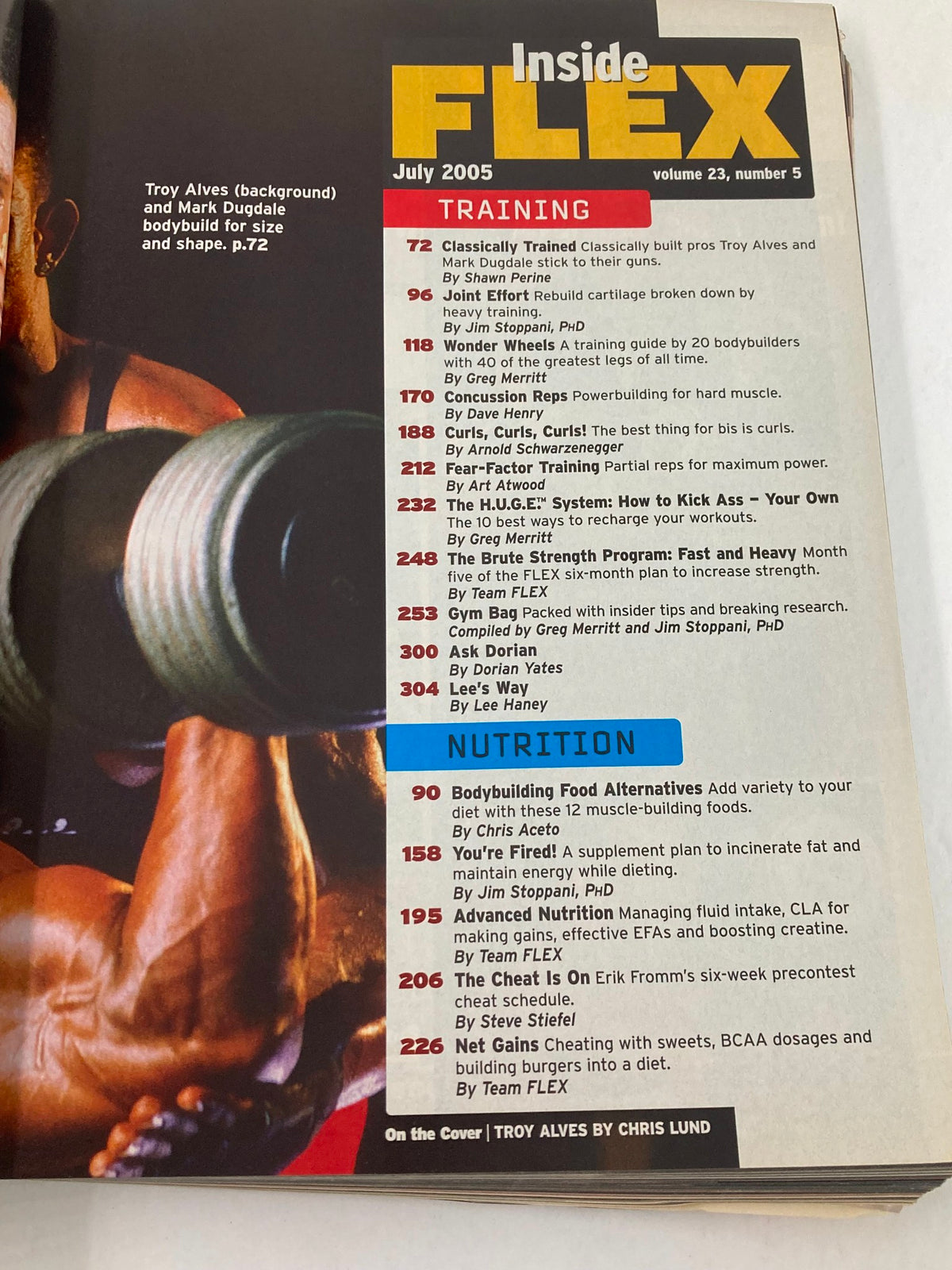 Inside Flex Magazine July 2005, Vol 23 #5 contents page detailing training and nutrition articles, featuring Troy Alves and workout strategies.