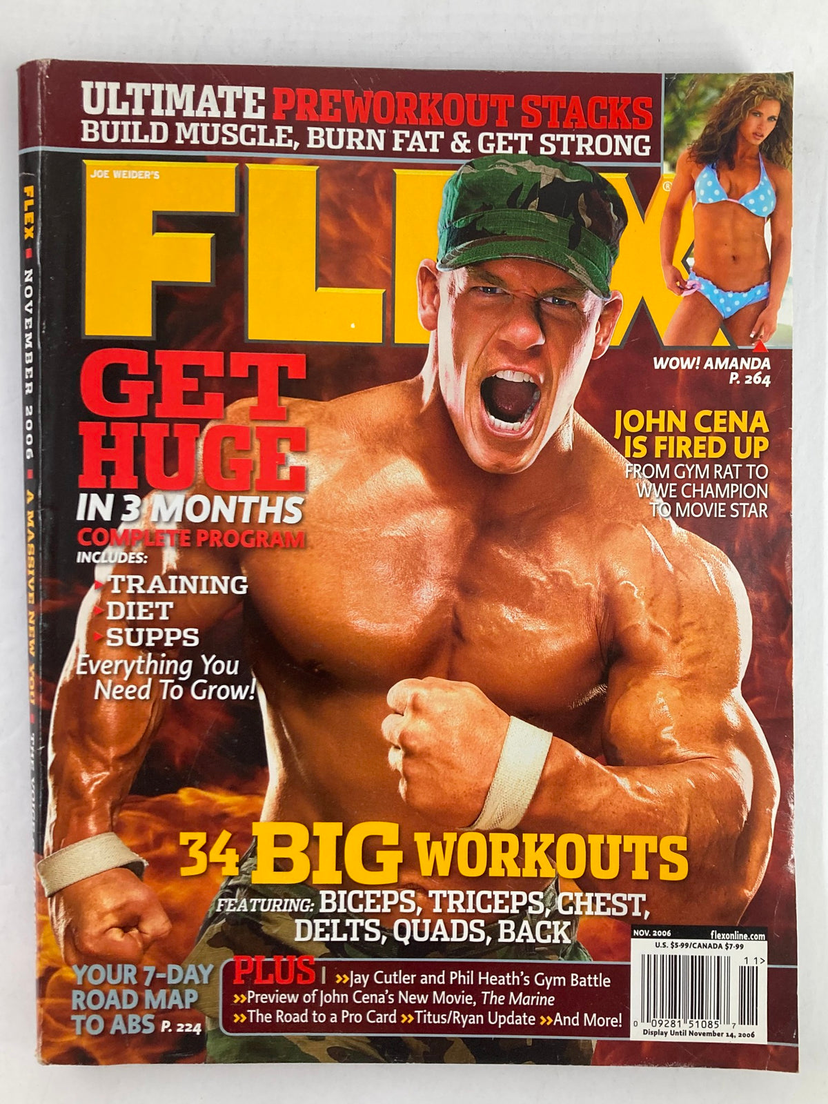 Flex Magazine November 2006 cover featuring John Cena and Amanda with the title 'Get Huge in 3 Months' and highlights on workouts, nutrition, and fitness programs.