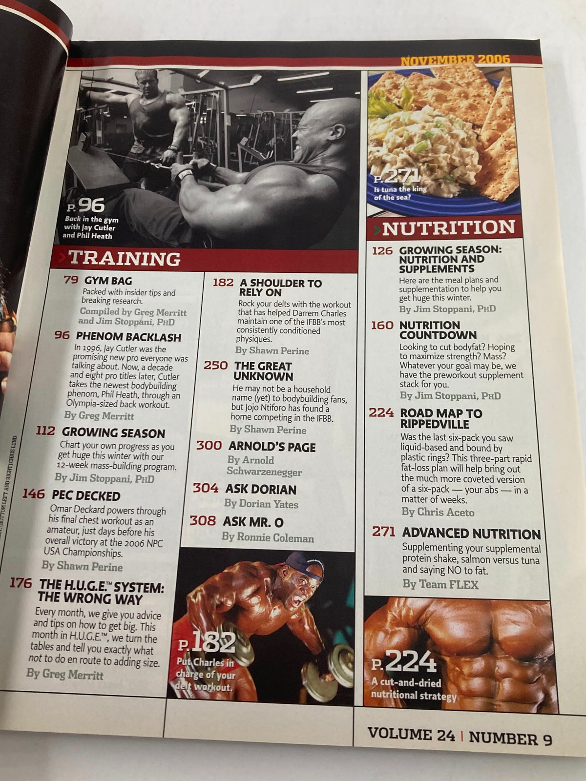 Interior page of Flex Magazine November 2006, showcasing the table of contents with sections on training and nutrition, including references to iconic athletes and workout tips.