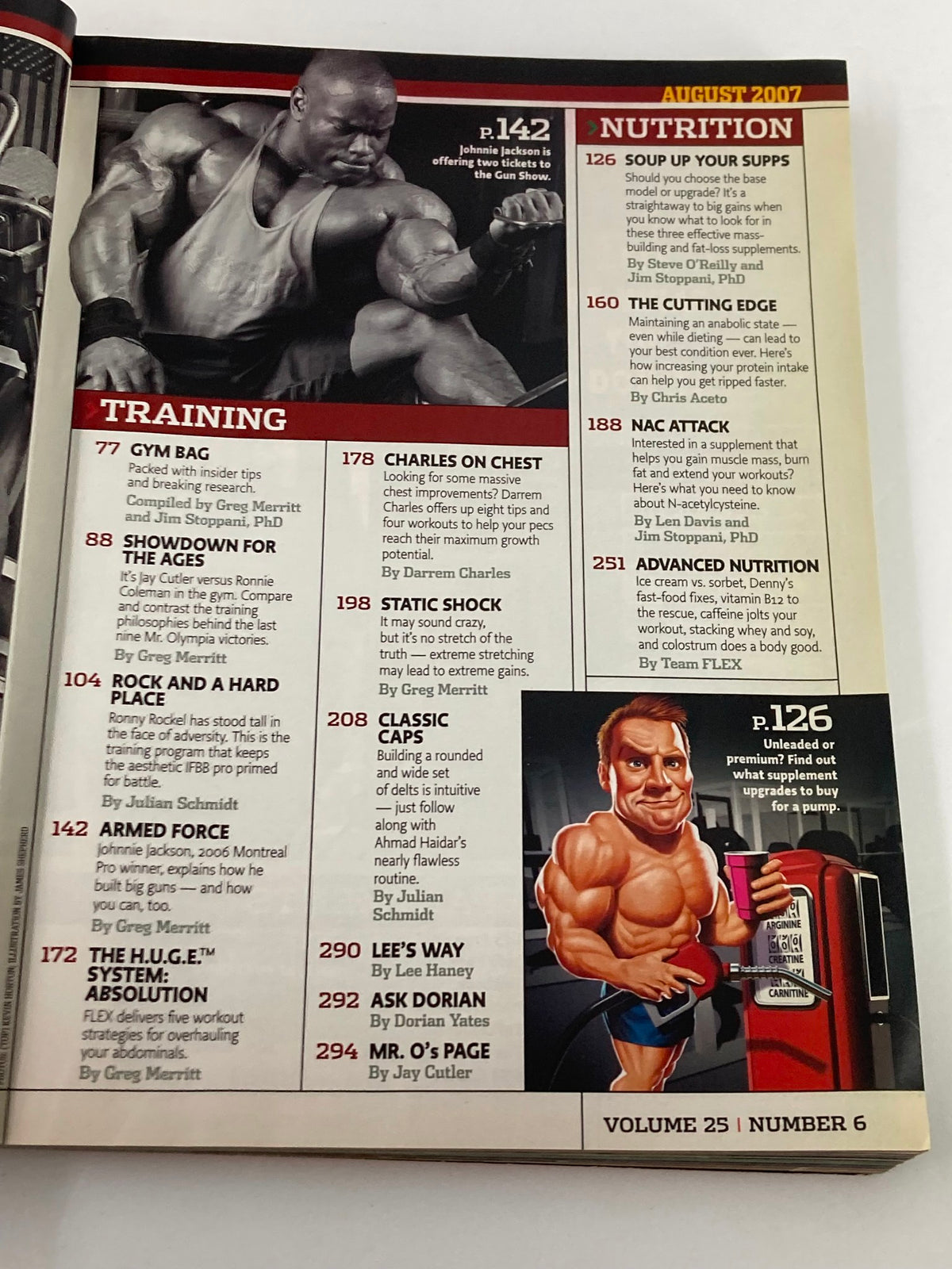 Inside page of Flex Magazine August 2007 Volume 25 Issue #6 featuring training and nutrition articles with contributions from bodybuilders and fitness experts.