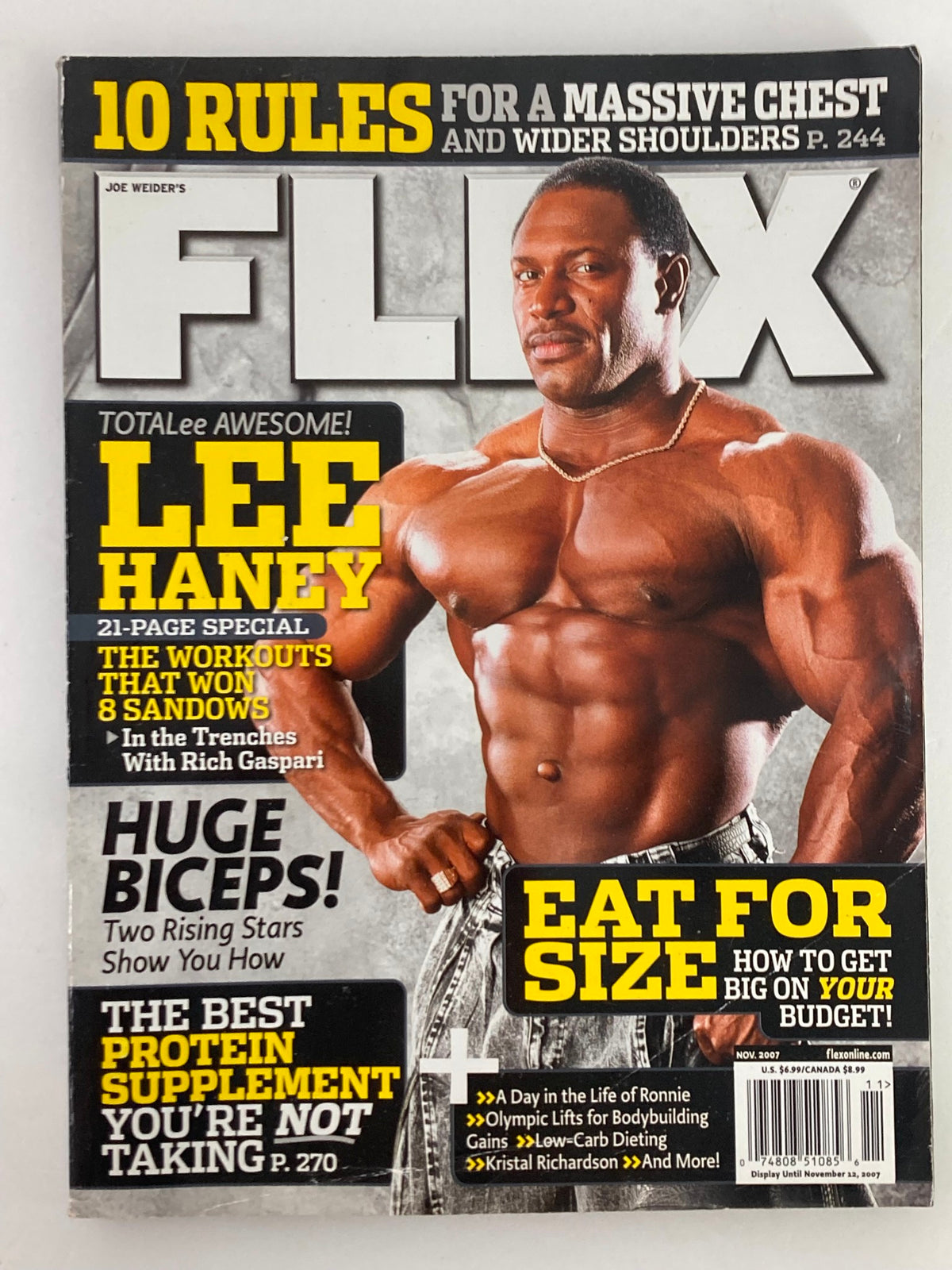 Cover of Flex Magazine November 2007 Vol 25 #9 featuring Lee Haney showcasing muscles with the title 'Lee Haney' and highlights like '10 Rules for a Massive Chest' and 'Huge Biceps!'