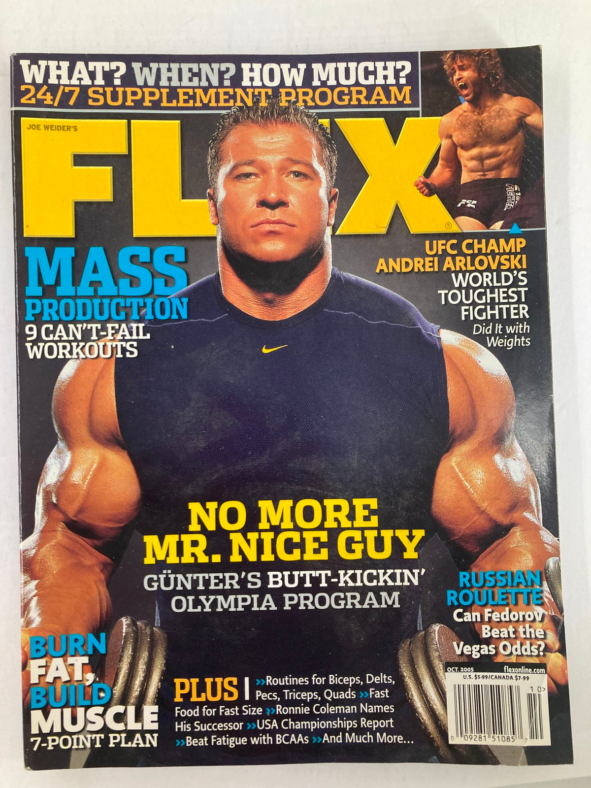 Cover of Flex Magazine October 2005 featuring UFC Champ Andrei Arlovski, showcasing fitness and bodybuilding themes.