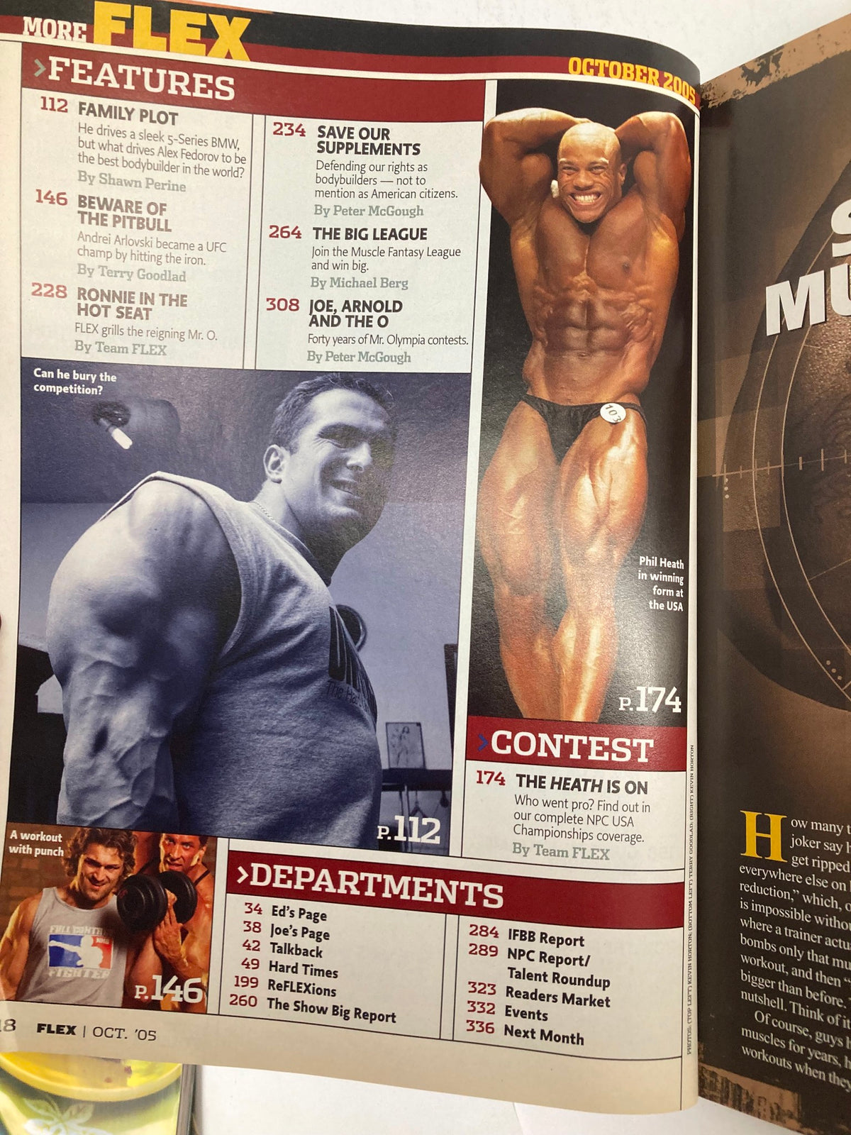 Interior page of Flex Magazine October 2005 highlighting features, contests, and articles, with a focus on UFC and bodybuilding content.