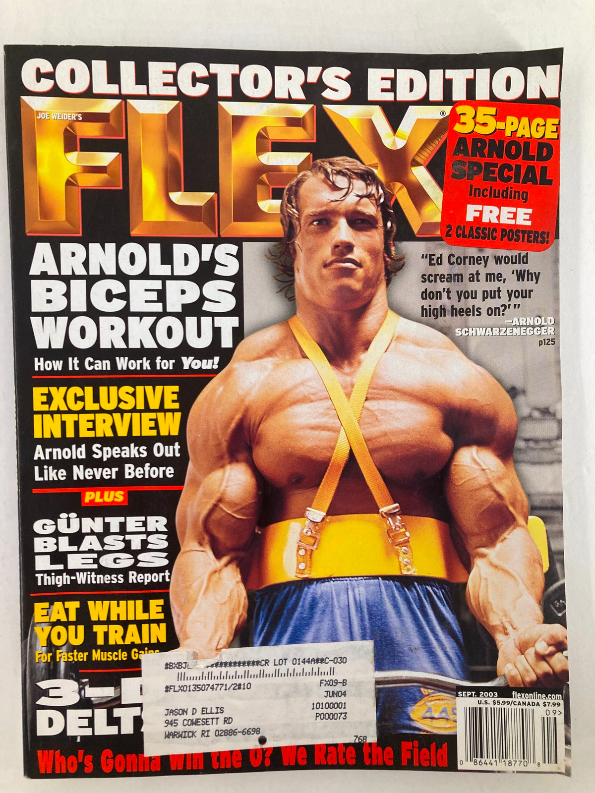 Flex Magazine September 2003 Vol 21 #7 featuring Arnold Schwarzenegger on the cover, showcasing his biceps workout and fitness expertise.