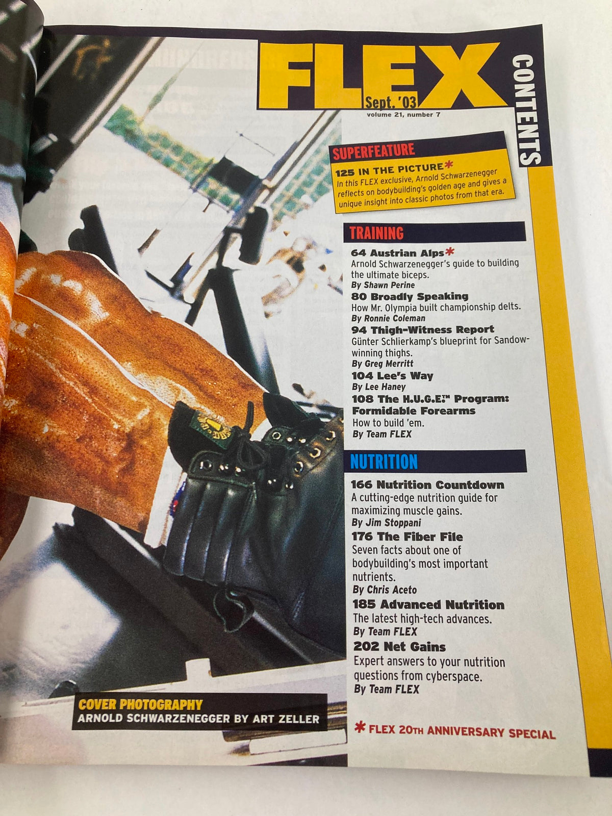 Contents page of Flex Magazine September 2003 Vol 21 #7, highlighting training, nutrition, and special features including an interview with Arnold Schwarzenegger.