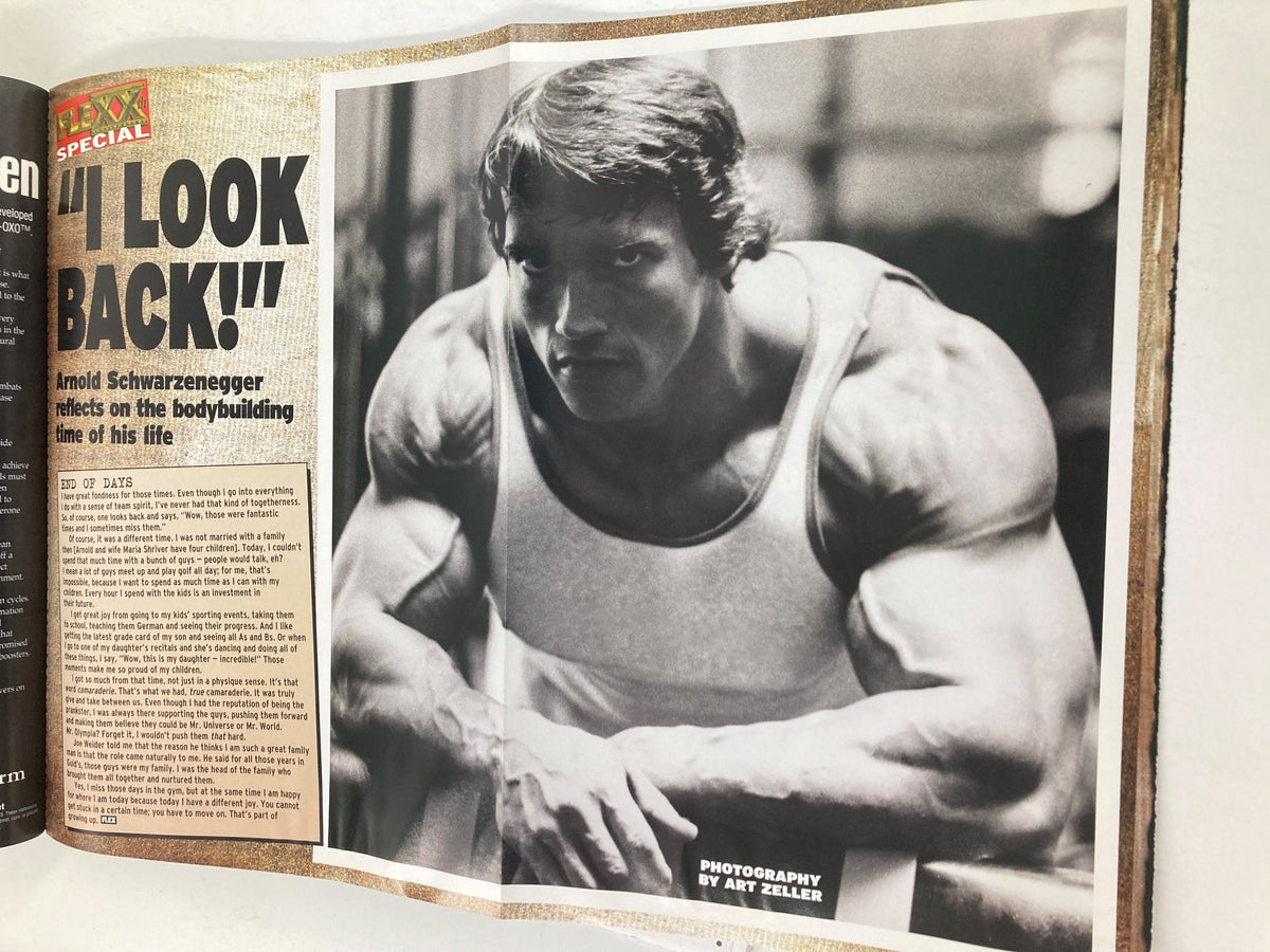 Black and white special feature from Flex Magazine September 2003 Vol 21 #7, depicting Arnold Schwarzenegger reflecting on his bodybuilding career with captivating photography.