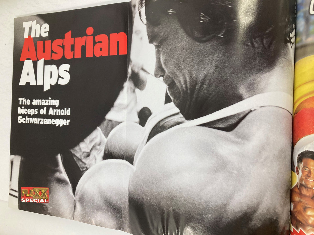 Cover page of Flex Magazine September 2003 Vol 21 #7 featuring a striking image of Arnold Schwarzenegger showcasing his biceps, highlighted with the title 'The Austrian Alps' discussing his remarkable physique.